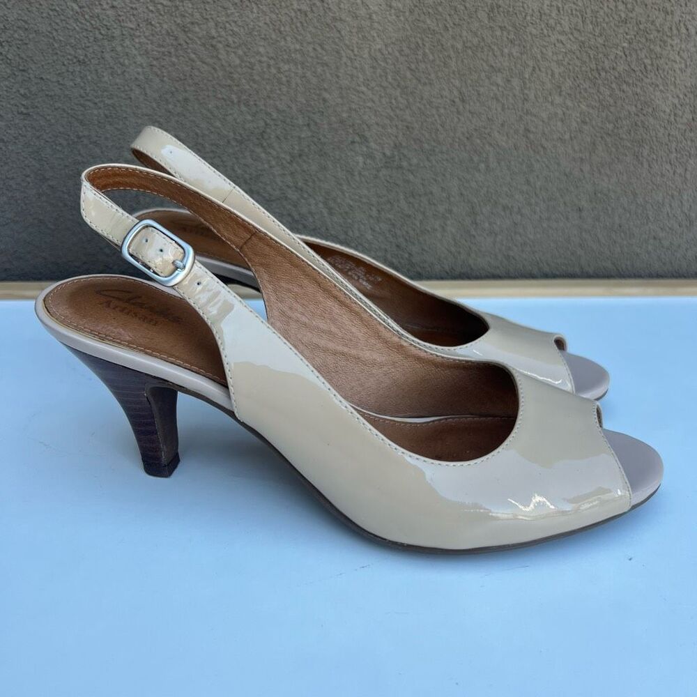Clarks Women's Nude Patent Leather Peep-Toe Slingback Heels